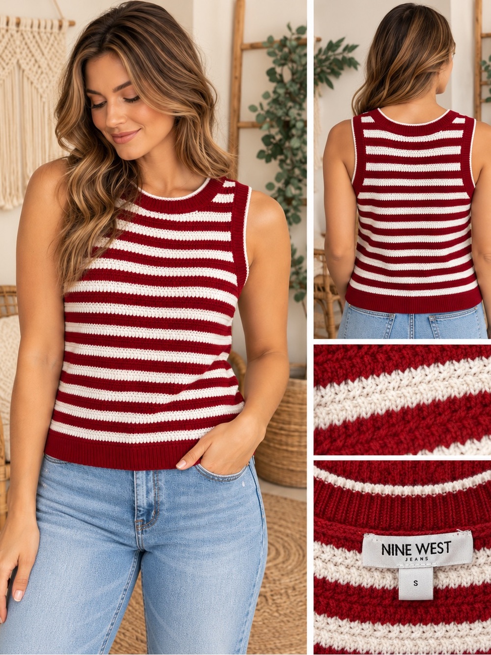 Nine West Red and White Striped knit sleeveless top Size Small